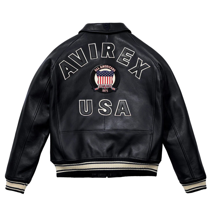 ZarJacketsEmpire Avirex Icon leather bomber jacket with logo patches and rib-knit trims