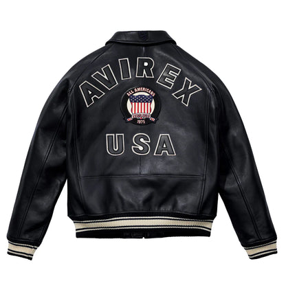 ZarJacketsEmpire Avirex Icon leather bomber jacket with logo patches and rib-knit trims