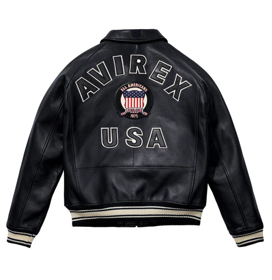 ZarJacketsEmpire Avirex Icon leather bomber jacket with logo patches and rib-knit trims