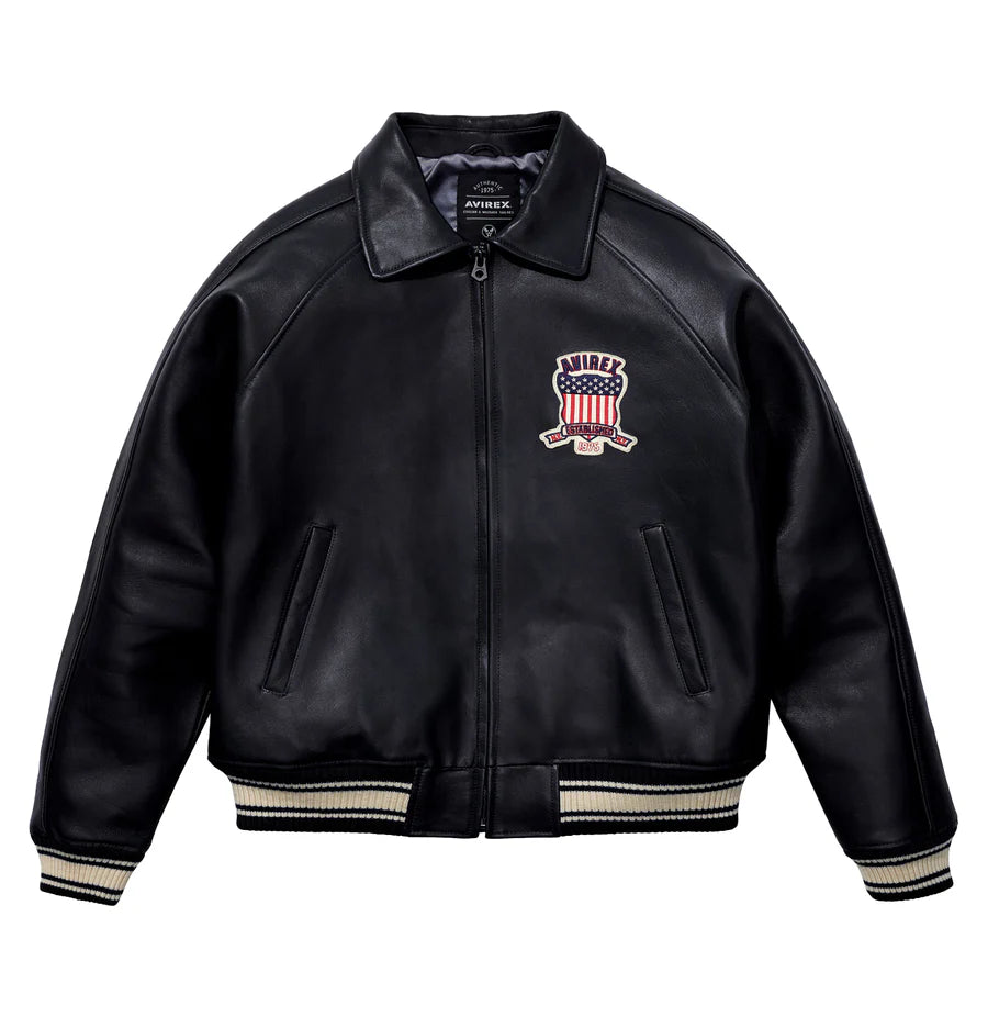 ZarJacketsEmpire Avirex Icon leather bomber jacket with logo patches and rib-knit trims