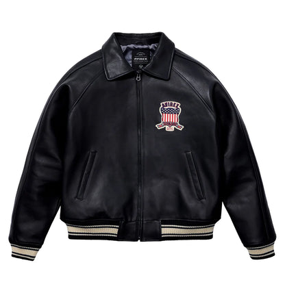 ZarJacketsEmpire Avirex Icon leather bomber jacket with logo patches and rib-knit trims