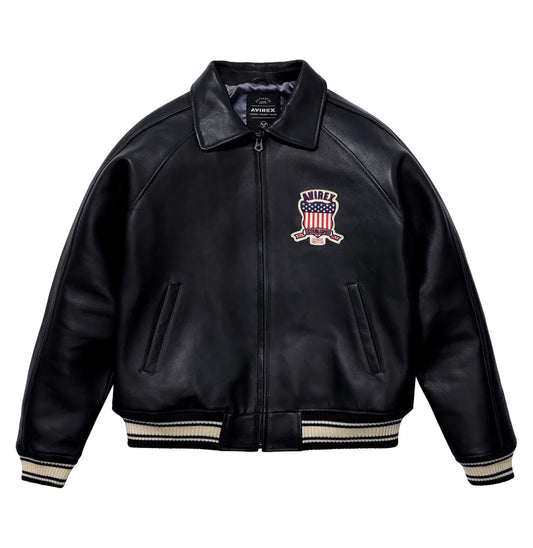 ZarJacketsEmpire Avirex Icon leather bomber jacket with logo patches and rib-knit trims
