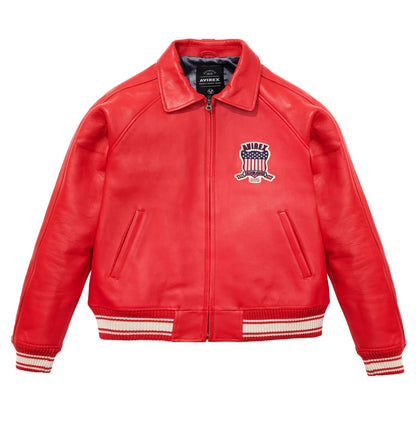 ZarJacketsEmpire Avirex Icon leather bomber jacket with logo patches and rib-knit trims