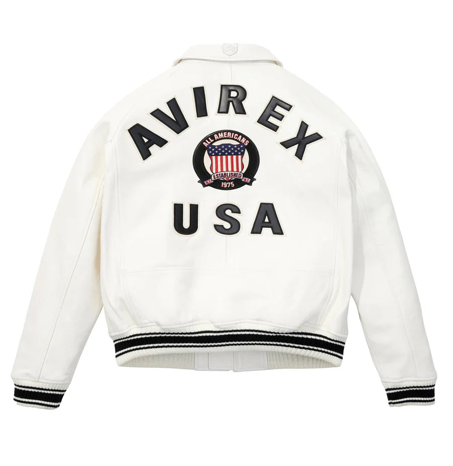 ZarJacketsEmpire Avirex Icon leather bomber jacket with logo patches & rib-knit trim