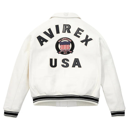ZarJacketsEmpire Avirex Icon leather bomber jacket with logo patches & rib-knit trim