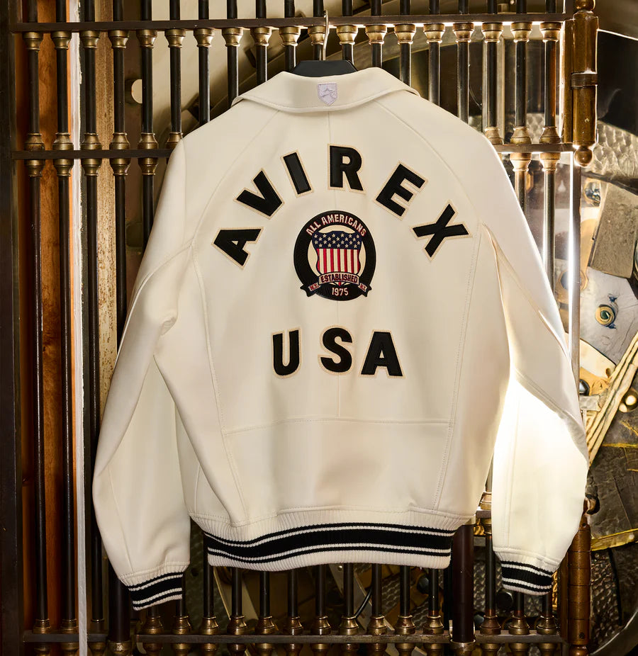 ZarJacketsEmpire Avirex Icon leather bomber jacket with logo patches & rib-knit trim
