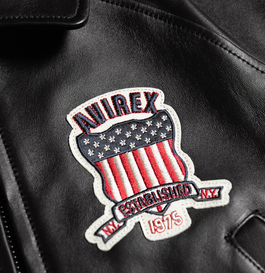 ZarJacketsEmpire Avirex cropped leather bomber jacket with logo details and rib-knit hem