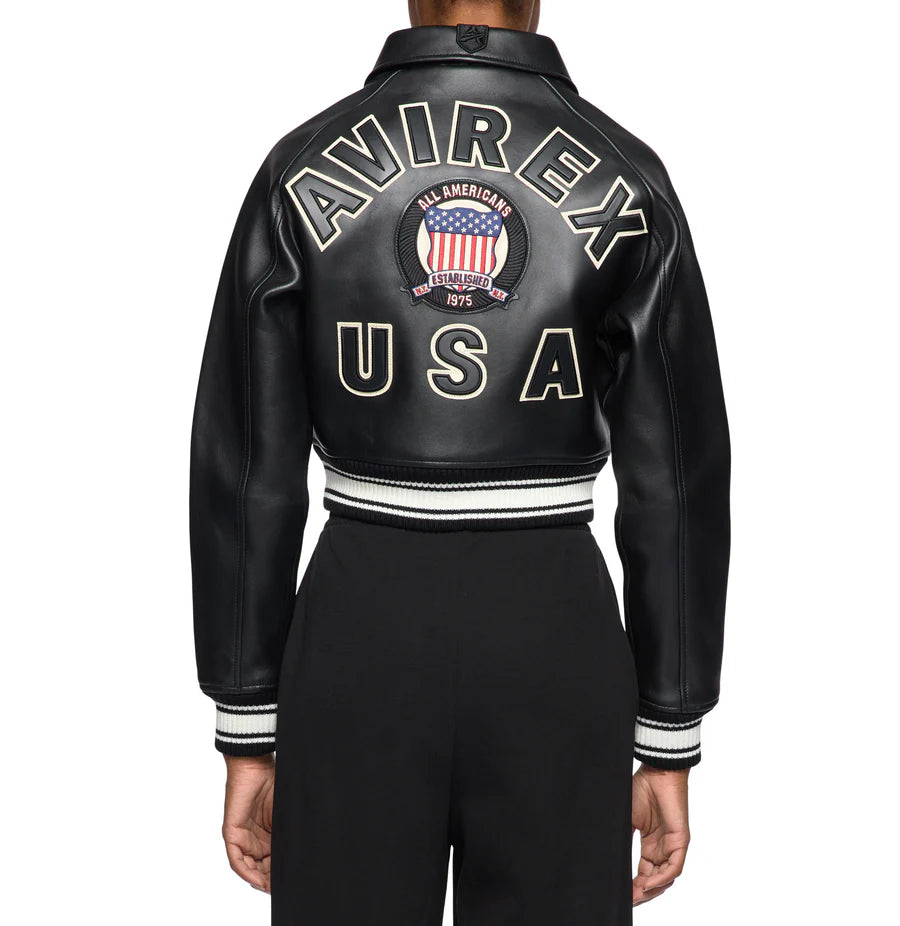 ZarJacketsEmpire Avirex cropped leather bomber jacket with logo details and rib-knit hem