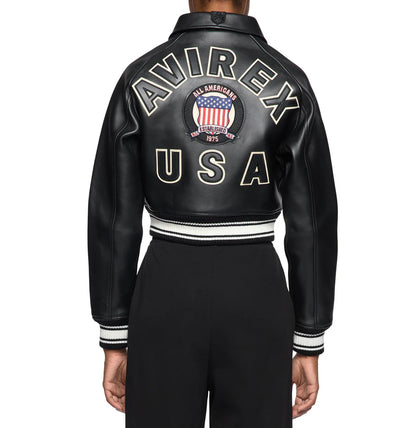 ZarJacketsEmpire Avirex cropped leather bomber jacket with logo details and rib-knit hem