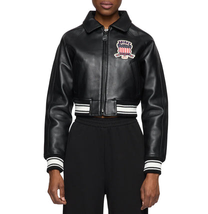 ZarJacketsEmpire Avirex cropped leather bomber jacket with logo details and rib-knit hem