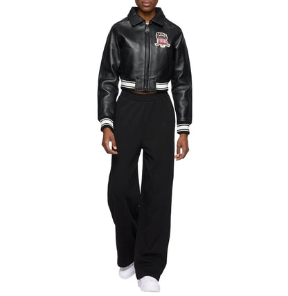 ZarJacketsEmpire Avirex cropped leather bomber jacket with logo details and rib-knit hem