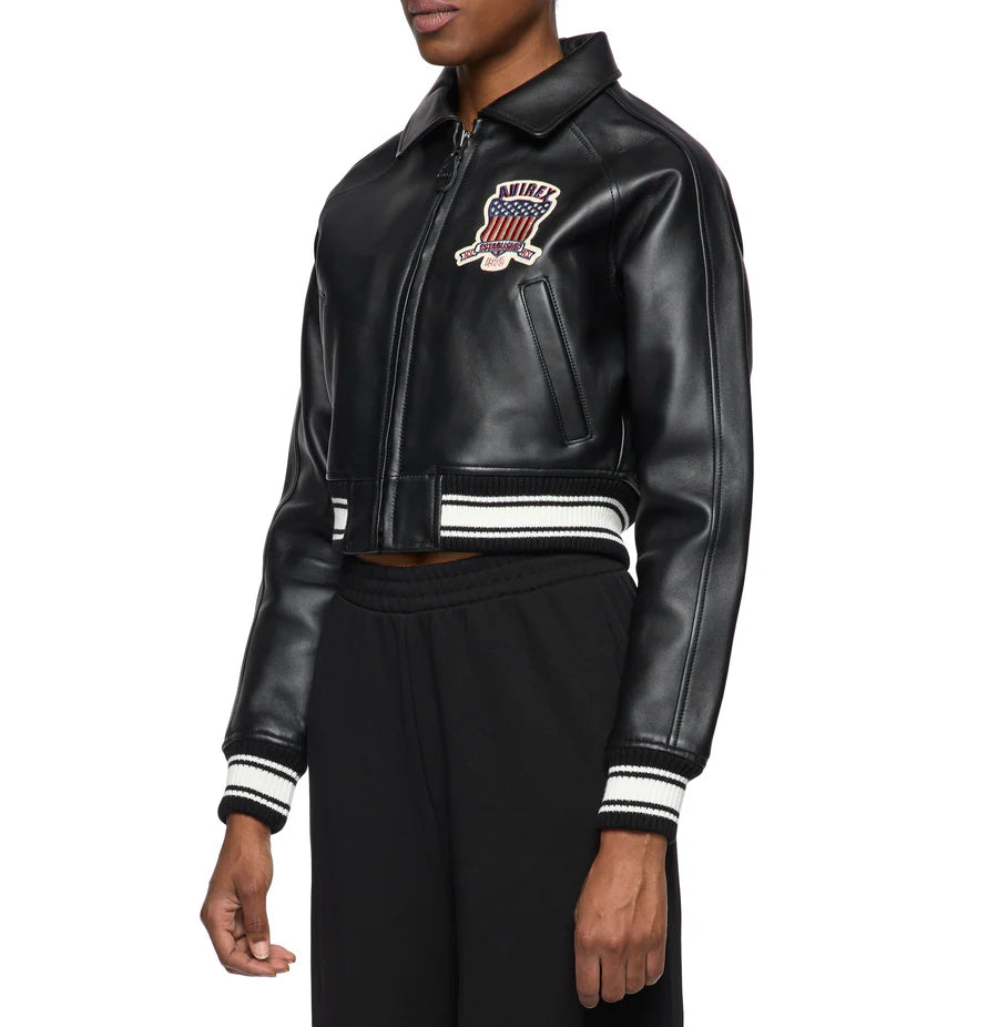 ZarJacketsEmpire Avirex cropped leather bomber jacket with logo details and rib-knit hem