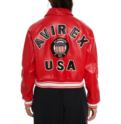 ZarJacketsEmpire Avirex cropped leather bomber jacket with logo details and rib-knit hem