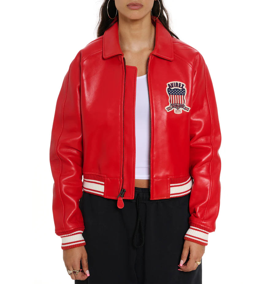 ZarJacketsEmpire Avirex cropped leather bomber jacket with logo details and rib-knit hem