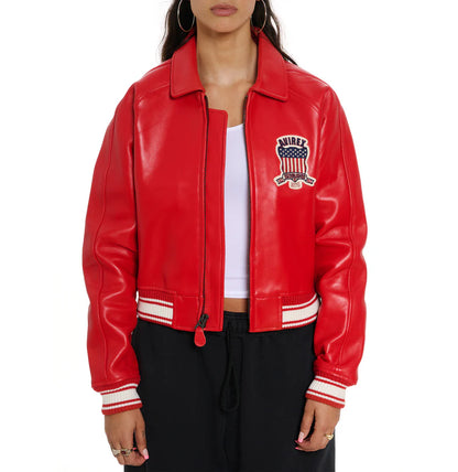 ZarJacketsEmpire Avirex cropped leather bomber jacket with logo details and rib-knit hem