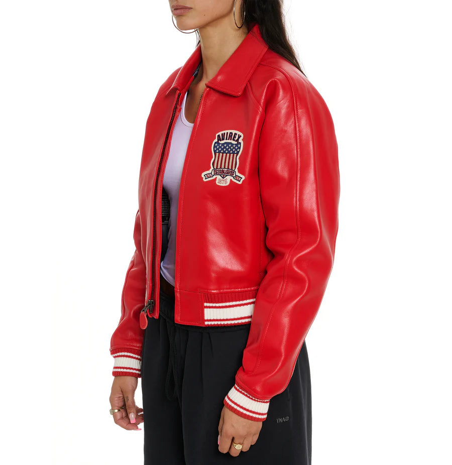 ZarJacketsEmpire Avirex cropped leather bomber jacket with logo details and rib-knit hem