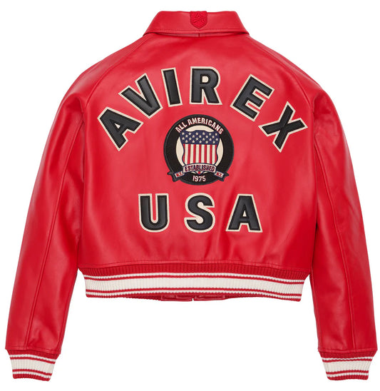 ZarJacketsEmpire Avirex cropped leather bomber jacket with logo details and rib-knit hem