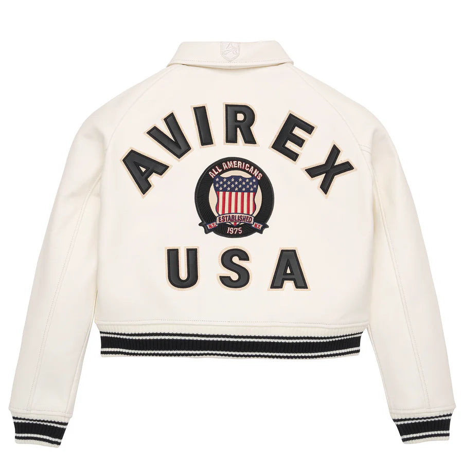 ZarJacketsEmpire Avirex cropped leather bomber jacket with logo details and rib-knit hem