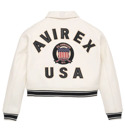 ZarJacketsEmpire Avirex cropped leather bomber jacket with logo details and rib-knit hem
