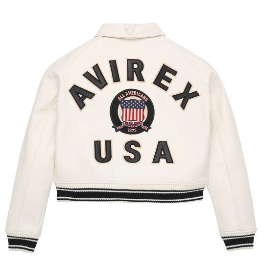 ZarJacketsEmpire Avirex cropped leather bomber jacket with logo details and rib-knit hem