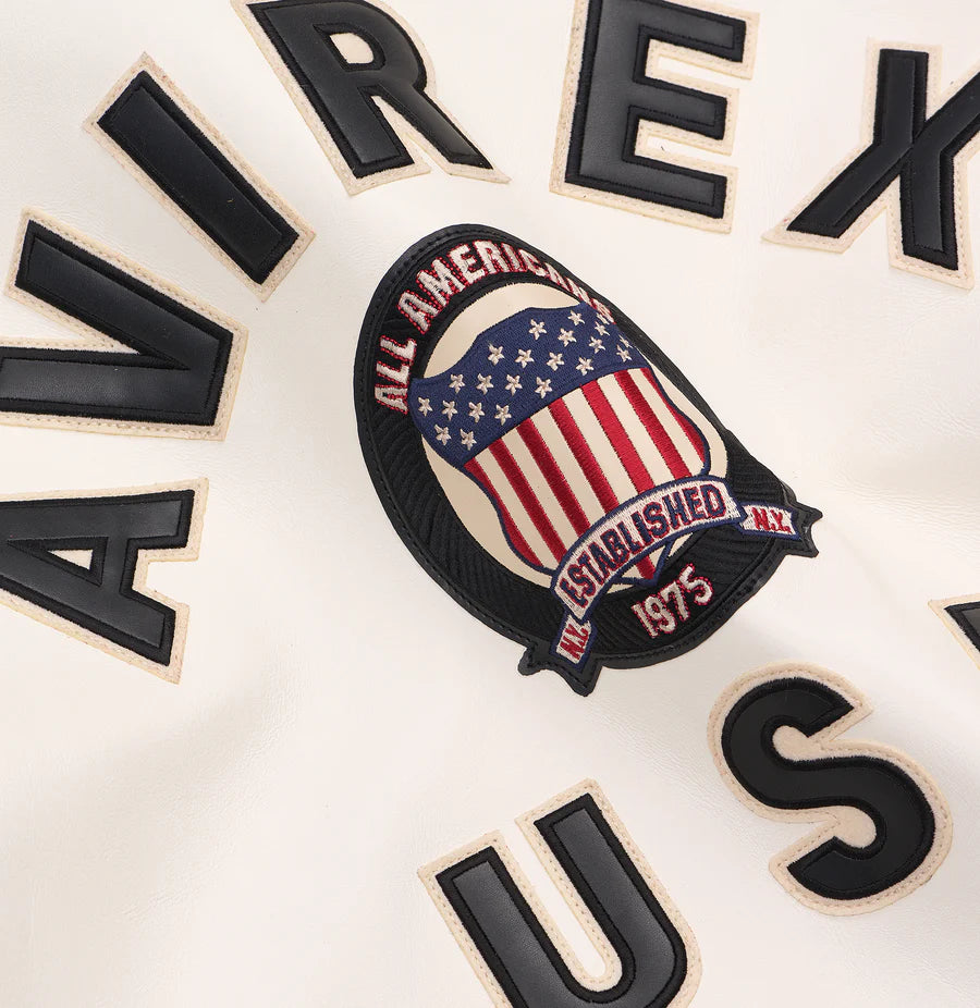 ZarJacketsEmpire Avirex cropped leather bomber jacket with logo details and rib-knit hem