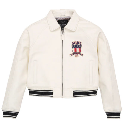 ZarJacketsEmpire Avirex cropped leather bomber jacket with logo details and rib-knit hem