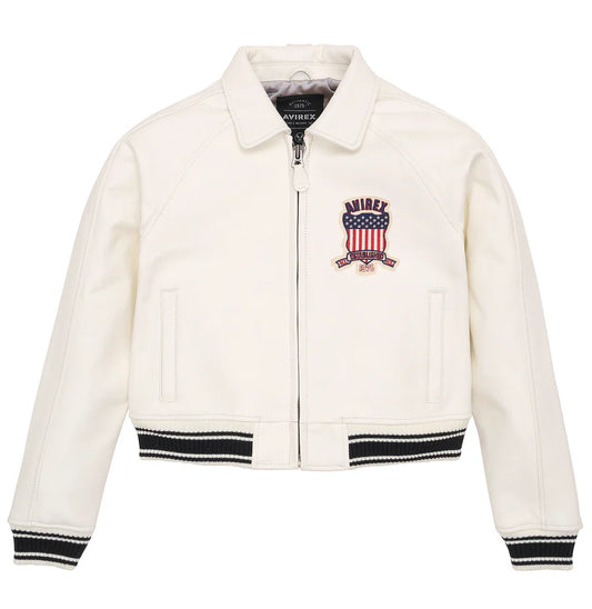 ZarJacketsEmpire Avirex cropped leather bomber jacket with logo details and rib-knit hem