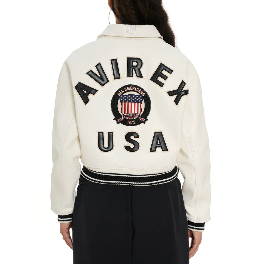 ZarJacketsEmpire Avirex cropped leather bomber jacket with logo details and rib-knit hem