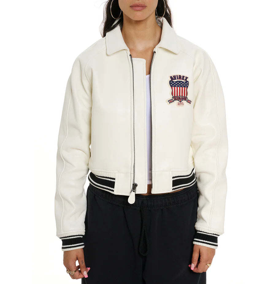 ZarJacketsEmpire Avirex cropped leather bomber jacket with logo details and rib-knit hem