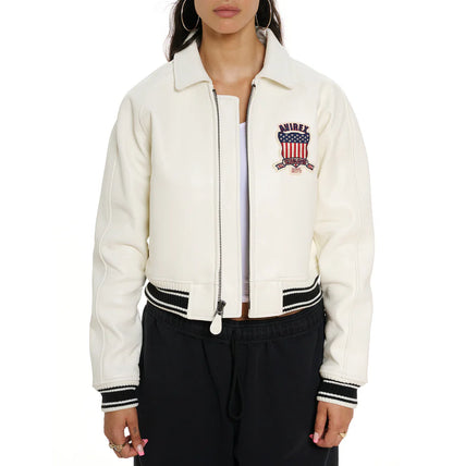ZarJacketsEmpire Avirex cropped leather bomber jacket with logo details and rib-knit hem