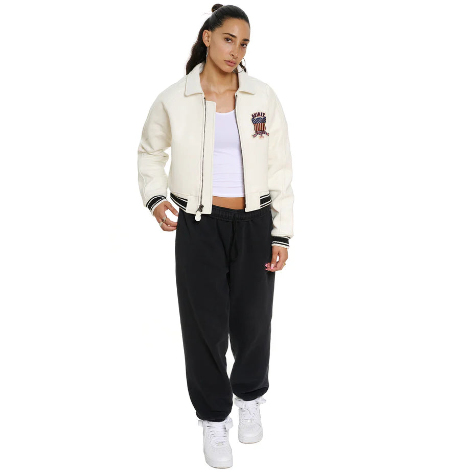 ZarJacketsEmpire Avirex cropped leather bomber jacket with logo details and rib-knit hem