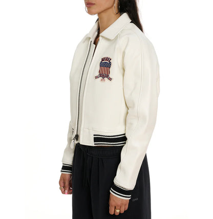 ZarJacketsEmpire Avirex cropped leather bomber jacket with logo details and rib-knit hem