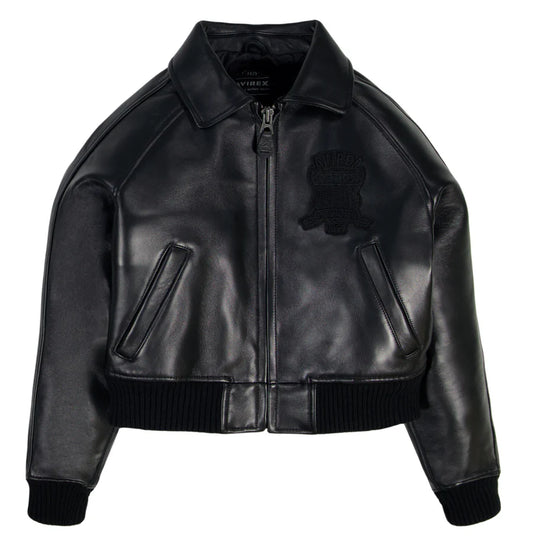 ZarJacketsEmpire Avirex cropped leather bomber jacket with logo detailing