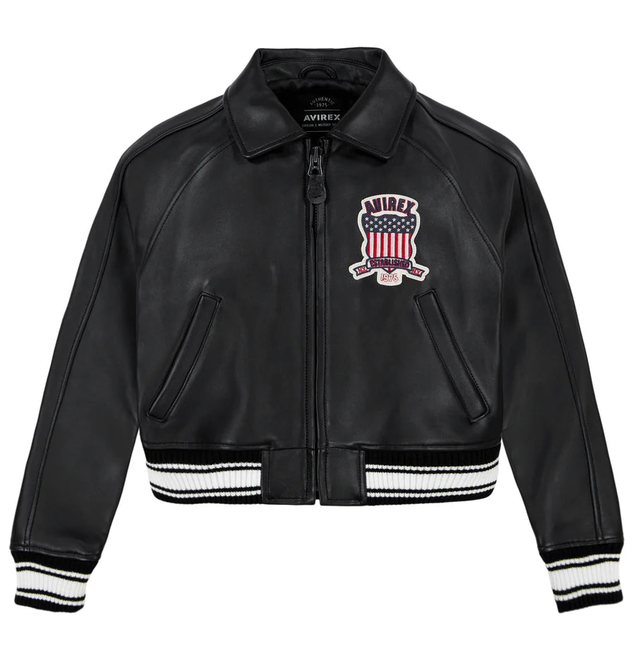 ZarJacketsEmpire Avirex cropped leather bomber jacket with logo details and rib-knit hem