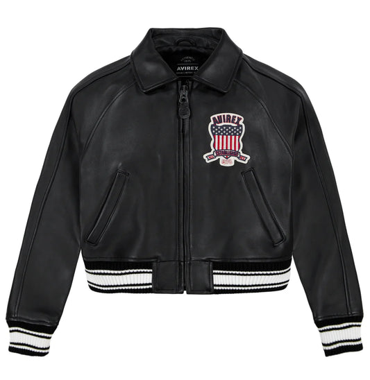 ZarJacketsEmpire Avirex cropped leather bomber jacket with logo details and rib-knit hem