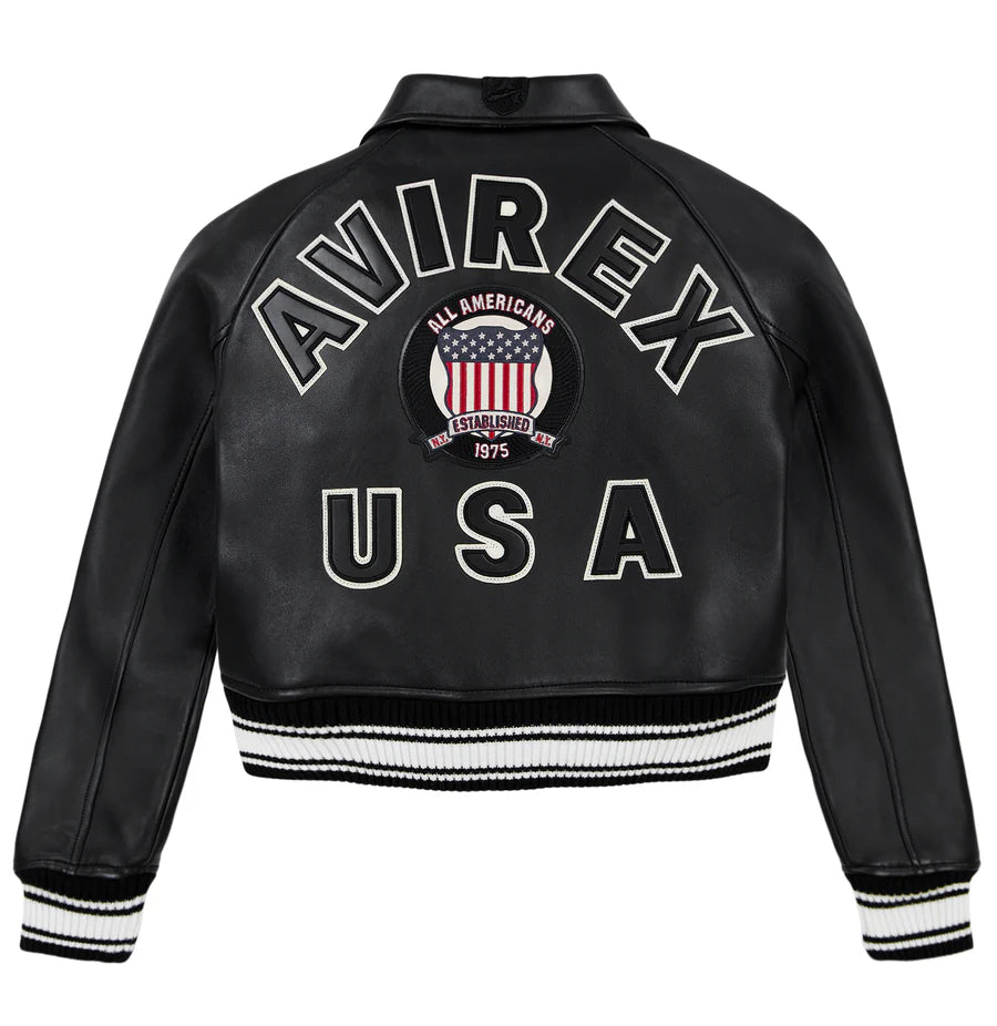 ZarJacketsEmpire Avirex cropped leather bomber jacket with logo details and rib-knit hem