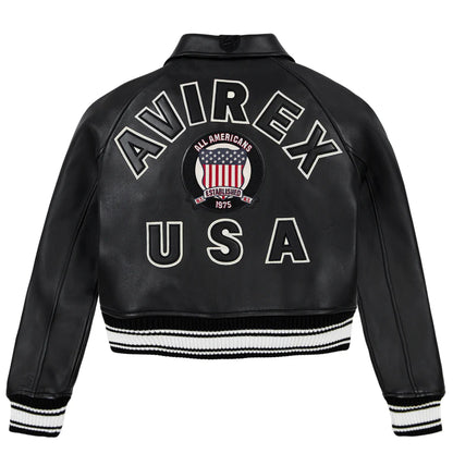 ZarJacketsEmpire Avirex cropped leather bomber jacket with logo details and rib-knit hem