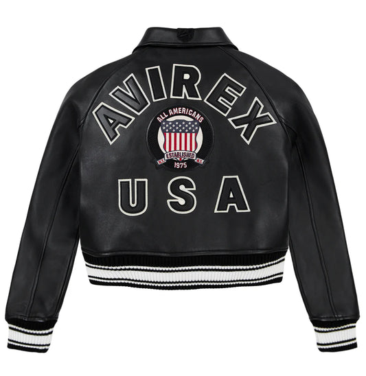 ZarJacketsEmpire Avirex cropped leather bomber jacket with logo details and rib-knit hem
