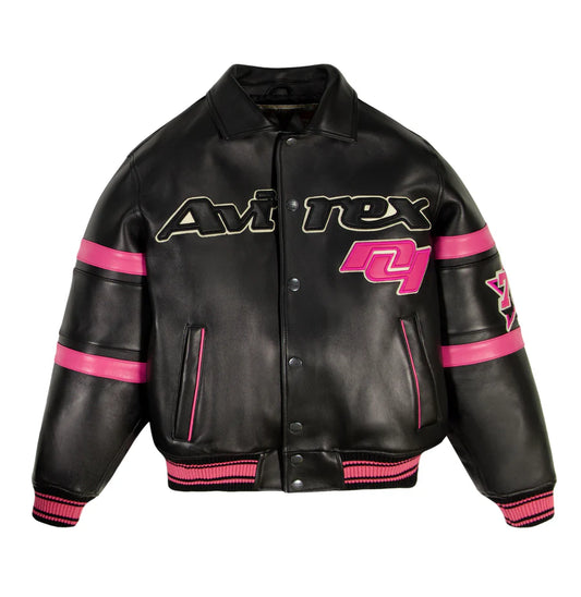 ZarJacketsEmpire Hardies x Avirex black leather jacket with patches and pink sleeve stripes