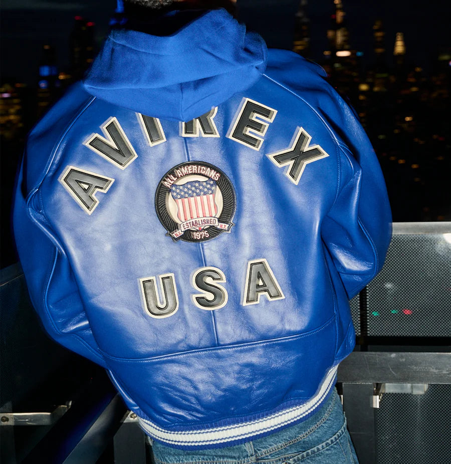 ZarJacketsEmpire Avirex Icon leather bomber jacket with logo patches and rib-knit trims