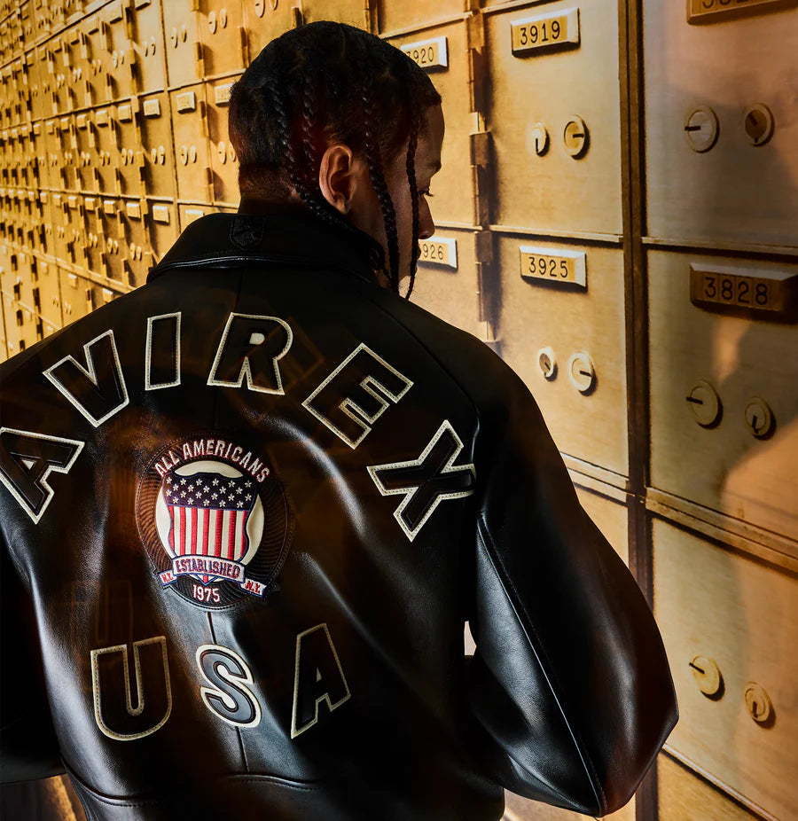 ZarJacketsEmpire Avirex Icon leather bomber jacket with logo patches and rib-knit trims