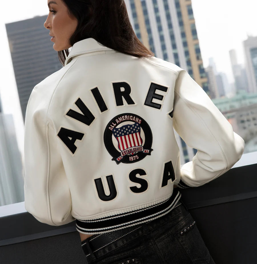 ZarJacketsEmpire Avirex cropped leather bomber jacket with logo details and rib-knit hem