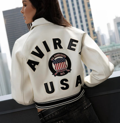 ZarJacketsEmpire Avirex cropped leather bomber jacket with logo details and rib-knit hem